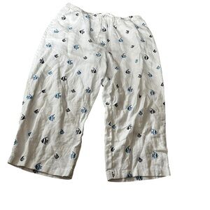 Jm collection Jennifer Moore 100% linen white blue embroidered fish pants 18